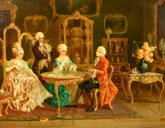 Italian, elegant figures courting in a Rococo interior by Raffaele Zeloni, oil on canvas, sold Jul 2022