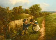 British, Children drinking from a cup by a brook by William Bromley, oil on canvas, sold Jul 2022