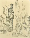Welsh School, a narrow alleyway between buildings by John Uzzell Edwards, 1962, ink, sold Jul 2022