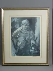Print - farmer with stick and cat by William Selwyn coloured limited edition, print, sold May 2017