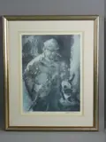 Print - farmer with stick and cat by William Selwyn coloured limited edition, print, sold May 2017
