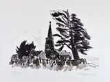 Monochrome print - church with church yard and by Kyffin Williams Ra limited edition, print, sold May 2017
