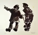 Print - two standing farmers in conversation by Kyffin Williams Ra limited edition, print, sold May 2017