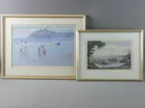 Print - Criccieth Beach with figures by Steven Jones coloured limited edition, print, sold Apr 2017