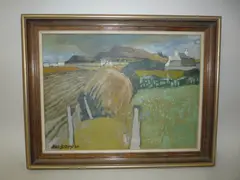 country scene with hay rick in the foreground, oil on canvas, signed by John Stops, 1974, oil on canvas, sold Nov 2015