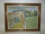 country scene with hay rick in the foreground, oil on canvas, signed by John Stops, 1974, oil on canvas, sold Nov 2015