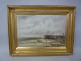 Figures and boats at low tide in harbour, oil on canvas, by Gustave de Breanski, oil on canvas, sold Nov 2015