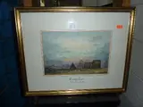 watercolour, farming scene with sheep in the foreground, 'Evening Laire', signed lower by C. J. Thornton, watercolour, sold Nov 2015