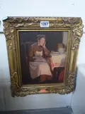 'Tea Time Riot', oil on board, signed lower left, 24cm x 19cm by Jane Hourax, oil on board, sold Aug 2015