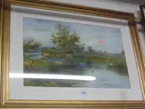 Cattle by a Stream, signed lower left, watercolour / gouache, 38cm x 60cm by Fred Miller, watercolour, sold Aug 2015