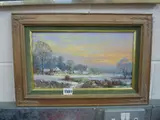 winter village scene, oil on board, signed lower left, 19cm x 34cm by P. Bradshaw, oil on board, sold Jul 2015