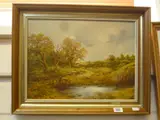 early 20th Century, rural landscape with sheep and figures by a rustic bridge, by Thomas Williams, oil on board, sold May 2015