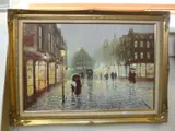 late 20th Century, Parisian street scene in the rain, oil on canvas, signed lower by John Bampfield, oil on canvas, sold May 2015