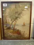 1909, riverscape with sailboat watched by figures on the bank, watercolour, signed by D. Bethison, watercolour, sold May 2015