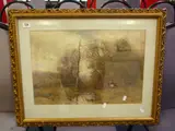 early 20th Century, rural landscape in winter with trees beside a fence, watercolour, by F. Petiti, watercolour, sold May 2015