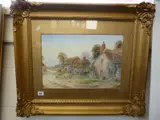 early 20th Century, Chickens beside thatched and tiled cottages, watercolour, by Ernest T. Potter, watercolour, sold May 2015