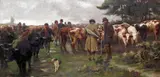 The cattle fair Signed and dated 1894 Oil on canvas 51 x 102cm; 20 x 40in ++Unlined, a small amount of retouching visible under u.v by William Frank Calderon, 1894, Oil on canvas, sold Dec 2015
