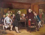 Doctor Johnson receiving Boswell in the library Signed and dated 1899 Oil on canvas 86 x 112cm; 34 x 44in ++Relined, good condition by Eyre Crowe, 1899, Oil on canvas, sold Dec 2015