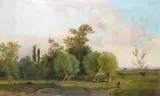 Rustics in a pastoral landscape Signed Oil on canvas 50 x 82cm; 19¾ x 32¼in ++Relined, previously restored, a bit of craquelure otherwise reasonable condition by E. Onken, Oil on canvas, offered Dec 2015