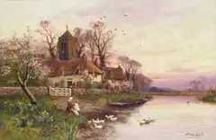 A river scene at dusk Signed Oil on canvas 51 x 76cm; 20 x 30in ++Good condition by Walter Stuart-Lloyd, Oil on canvas, sold Dec 2015