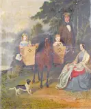 Family portrait with children in panniers in a coastal landscape by W.J. Bowden, 1853, Oil on canvas, offered Dec 2015