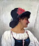 Famin after Tito Conti Girl with a red feather in her hat Signed Oil by Else Möckel, Oil on canvas, offered Dec 2015