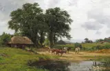 Rural England Signed, titled on an old label verso Oil on canvas 71 x 107cm; 28 x 42in AMENDED++Relined, some slight craquelure, other wise in good condition by James Aumonier, Oil on canvas, sold Dec 2015