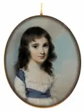 Portrait miniature of a girl, half length, wearing a blue sash Oval, in a gilt metal frame with a hair back, in a red leather case 65 x 53mm ++Good condition by George Engleheart, watercolor, sold Dec 2015