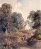 Figure on a donkey by a cottage Watercolour 30.5 x 25.5cm; 12 x 10in Provenance: Sothebys 30th June 2005, lot 262 ++Possibly some restoration, good condition by Peter De Wint O.W.S, Watercolour, sold Dec 2015