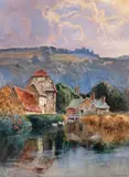 A mill in a hilly landscape, a castle beyond Signed Watercolour 58 x 42.5cm; 22¾ x 16½in ++Good condition by Louis Burleigh Bruhl, Watercolour, sold Dec 2015