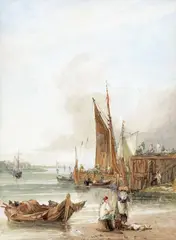 Boats in a harbour with a windmill by Samuel Owen, 1823, watercolour, sold Dec 2015