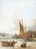 Boats in a harbour with a windmill by Samuel Owen, 1823, watercolour, sold Dec 2015