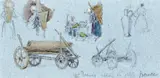 Studies of country folk and carts Titled by Myles Birket Foster, Pencil with watercolour on blue paper, sold Dec 2015