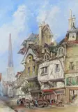 Market produce falling from a cart by a cathedral; Figures by a cathedral A pair, both signed and dated 1867 and 1868 Both pen by Thomas Colman Dibdin, 1867, ink and watercolour, sold Dec 2015