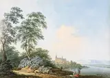 Figures by a lake, a Schloss beyond; A gypsy encampment Two, both bodycolour 11.75 x 16.5cm and 11 x 15cm (2) by Johann Christoph Dietzsch, watercolor, sold Dec 2015