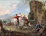 Figures at a well Bodycolour 16.5 x 20.5cm With another Italian school c.1740 of a Musical Instrument Workshop (2) by Franz de Paula Ferg, watercolor, sold Dec 2015