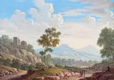 Figures in an Italianate landscape; A Gypsy encampment; Travellers by a river Three, all bodycolour 12.5 x 17.5cm and 14 x 19cm and 11 x 15.2cm (3) by Johann Christoph Dietzsch, watercolor, offered Dec 2015