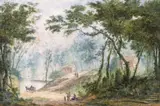 Figures in a wooded landscape; Fishermen on an estuary Two both signed Both bodycolour 12.3 x 18.75cm and 10.75 x 16cm (2) by Abraham Rademaker, watercolor, offered Dec 2015