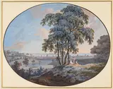 View near Hampstead Inscribed Stowers, also titled verso Bodycolour, oval 23 x 29.75cm by James Webb, watercolor, sold Dec 2015
