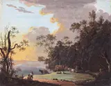 Herdsmen by a wood; Herdsmen, cattle and sheep by a lake, a Castle beyond Two, one signed indistinctly Both bodycolour Each 27.75 x 35cm (2) by Thomas Walmsley, watercolor, sold Dec 2015