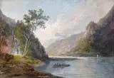 An estuary with a waterfall; Peasants on a track Two, both bodycolour 31 x 44.75 and similar (2) by John Laporte, watercolor, offered Dec 2015