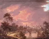 View over a town at sunset Bodycolour 17.5 x 22.25cm by Christoph Ludwig Agricola, watercolor, sold Dec 2015