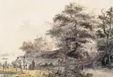 A coach party crossing a stream Signed and dated 1805 Watercolour 22 x 32.5cm by Jan Anthonie Langendyk, 1805, Watercolour, offered Dec 2015
