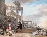 Traders in a port scene Signed verso with initals, inscribed and dated Na Weenix 1749 Bodycolour 24 x 30.5cm by Aert Schouman, watercolor, offered Dec 2015
