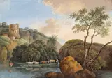 Figures by a farmstead; Cattle watering, a castle beyond Two, both bodycolour 16.5 x 24.75 and similar (2) by J. C. Wissing, watercolor, sold Dec 2015