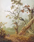 Figures in an autumn landscape Bodycolour 33.2 x 27.2cm by John Laporte, watercolor, offered Dec 2015
