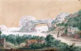 An extensive river landscape with a natural arch Signed and stamped WE Watercolour 20.25 x 31.75cm Inscribed W by Abraham Rademaker, Watercolour, offered Dec 2015
