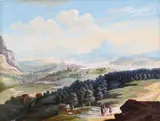 View over a valley with peasants in the foreground Bodycolour 17.25 x 22.75cm by Louis Chalon, watercolor, offered Dec 2015