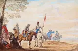 Officers watching a battle A pair, one signed Both watercolour heightened with bodycolour 29 x 44.25 and similar (2) by Peter Tillemans, watercolour, offered Dec 2015