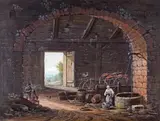 Figures and livestock in barn interiors A pair, both bodycolour and gum arabic Each 17.2 x 22.4cm (2) by Johann Christoph Dietzsch, watercolor, sold Dec 2015